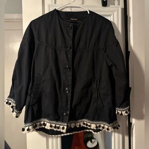 Zara Basic Black Tassled Baggy Fit Open Front Jacket Top Cardigan Women Small S